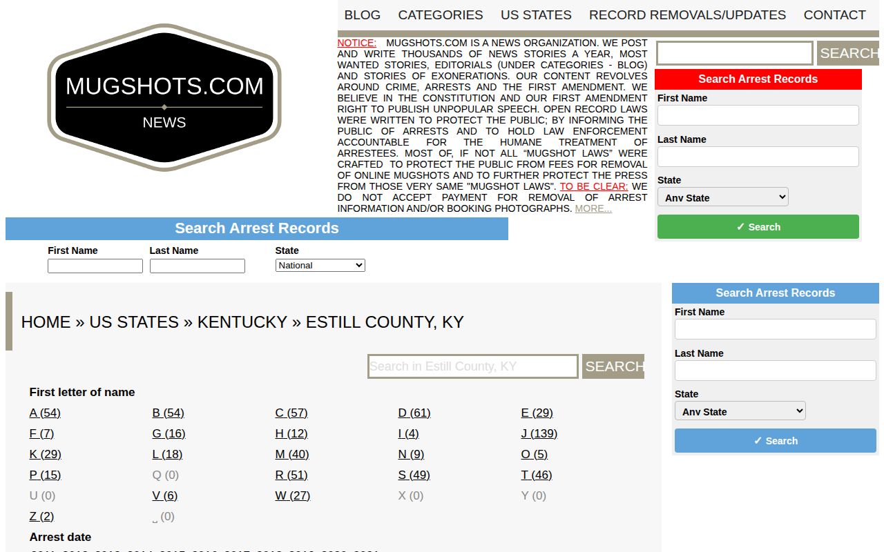 Estill County crime news mugshot aggregator section without people