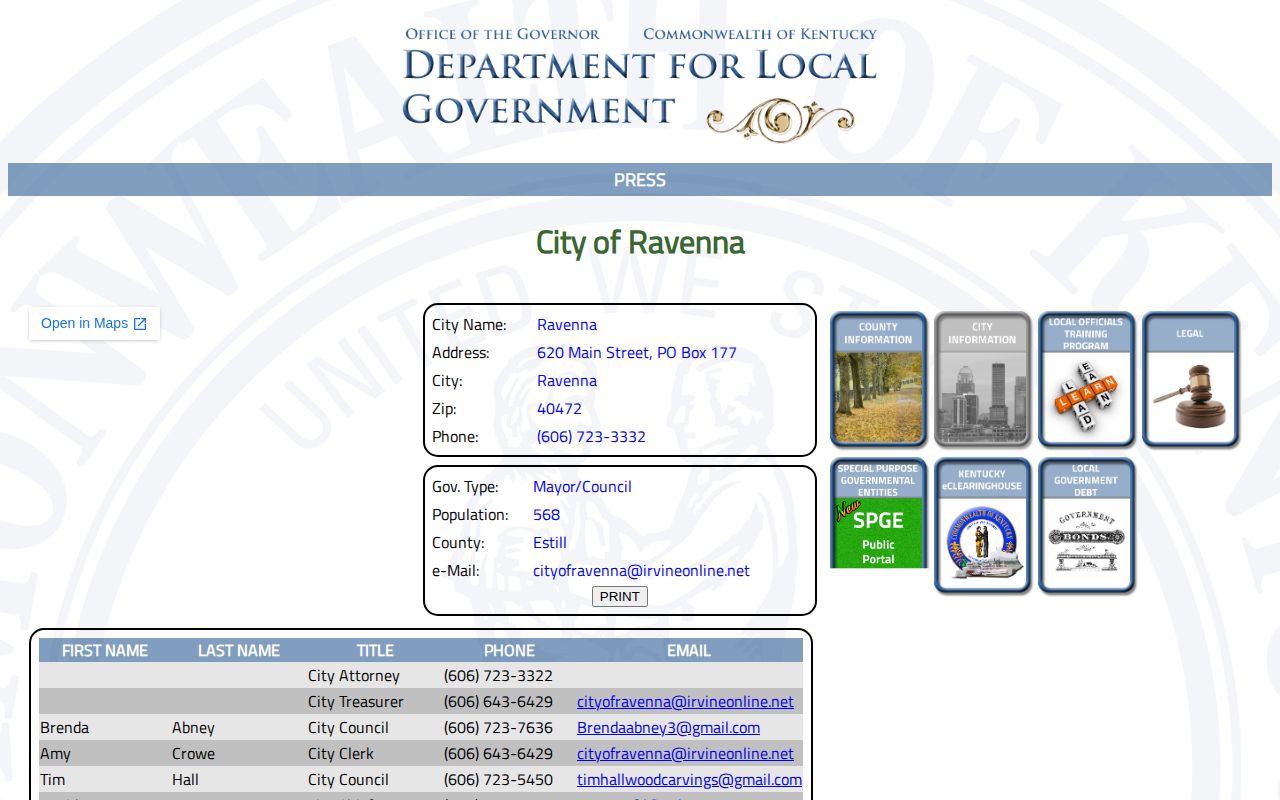 Ravenna official directory source for Estill County arrest records